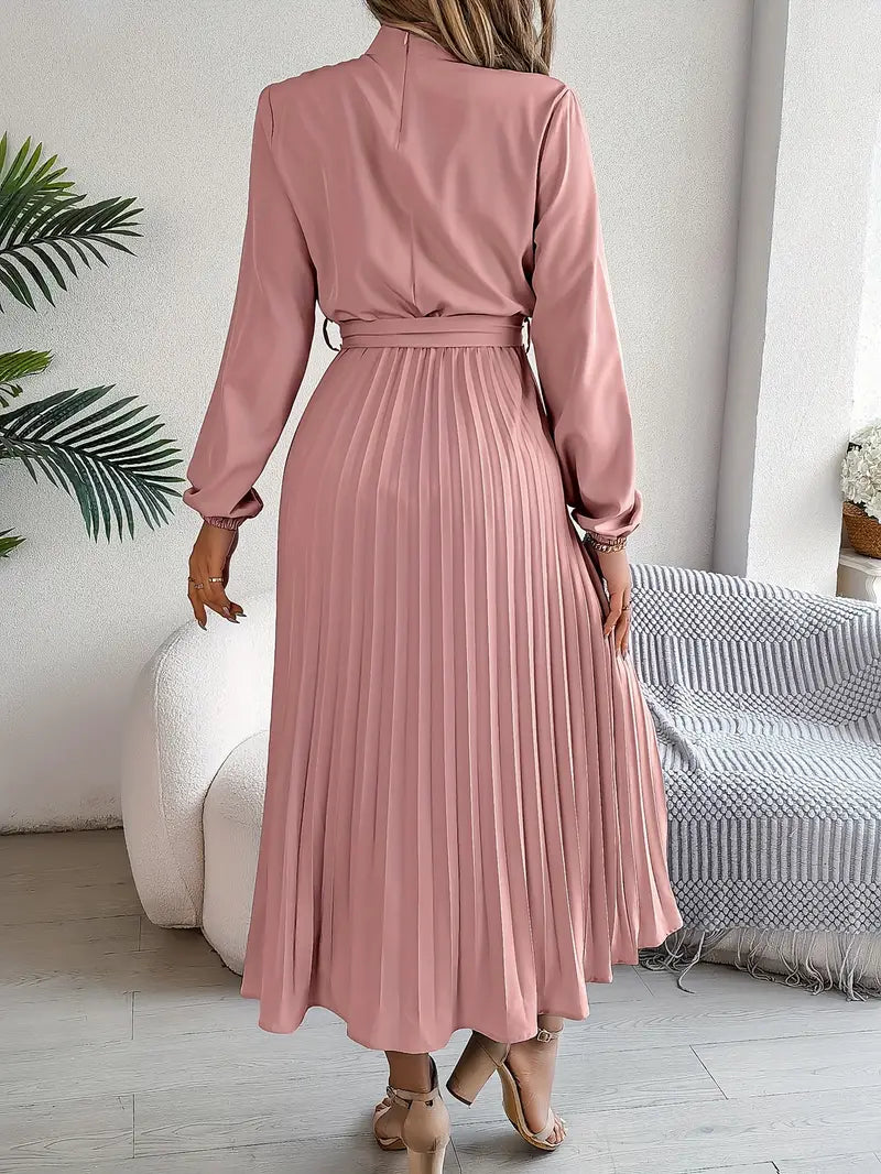 Women's Long-Sleeve Pleated Midi Dress with Matching Waist Belt
