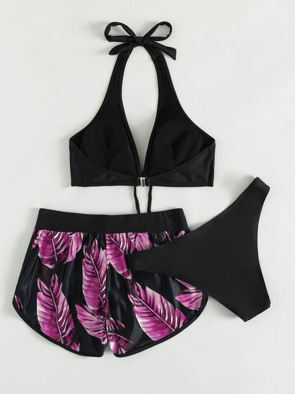 Three-Piece Halter Bikini with Fitted Shorts