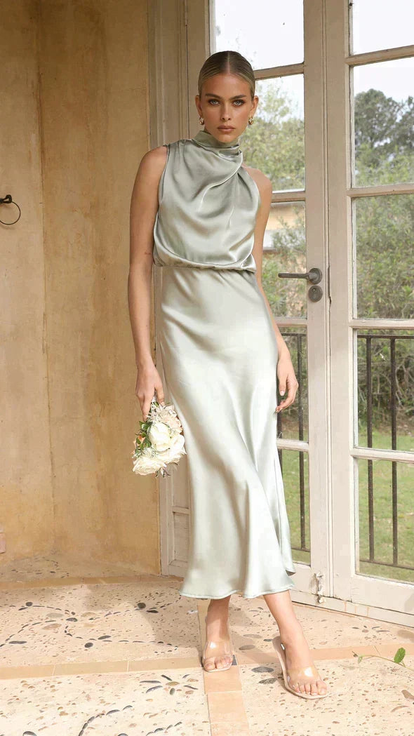 Women's Sleeveless Open-Shoulder Satin Maxi Dress