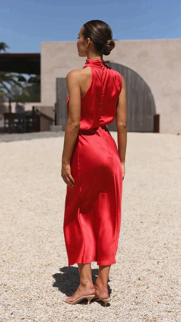 Women's Sleeveless Open-Shoulder Satin Maxi Dress