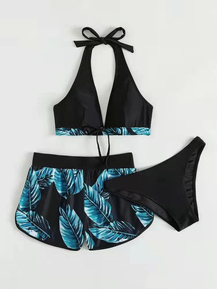 Women's Three-Piece Bikini Set with Halter Top and Shorts