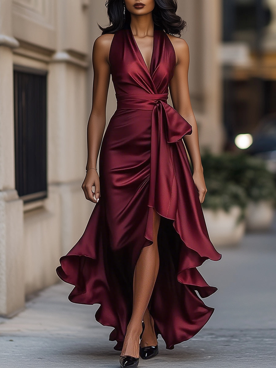 Women's V-Neck Satin Maxi Gown with Ruched Bodice