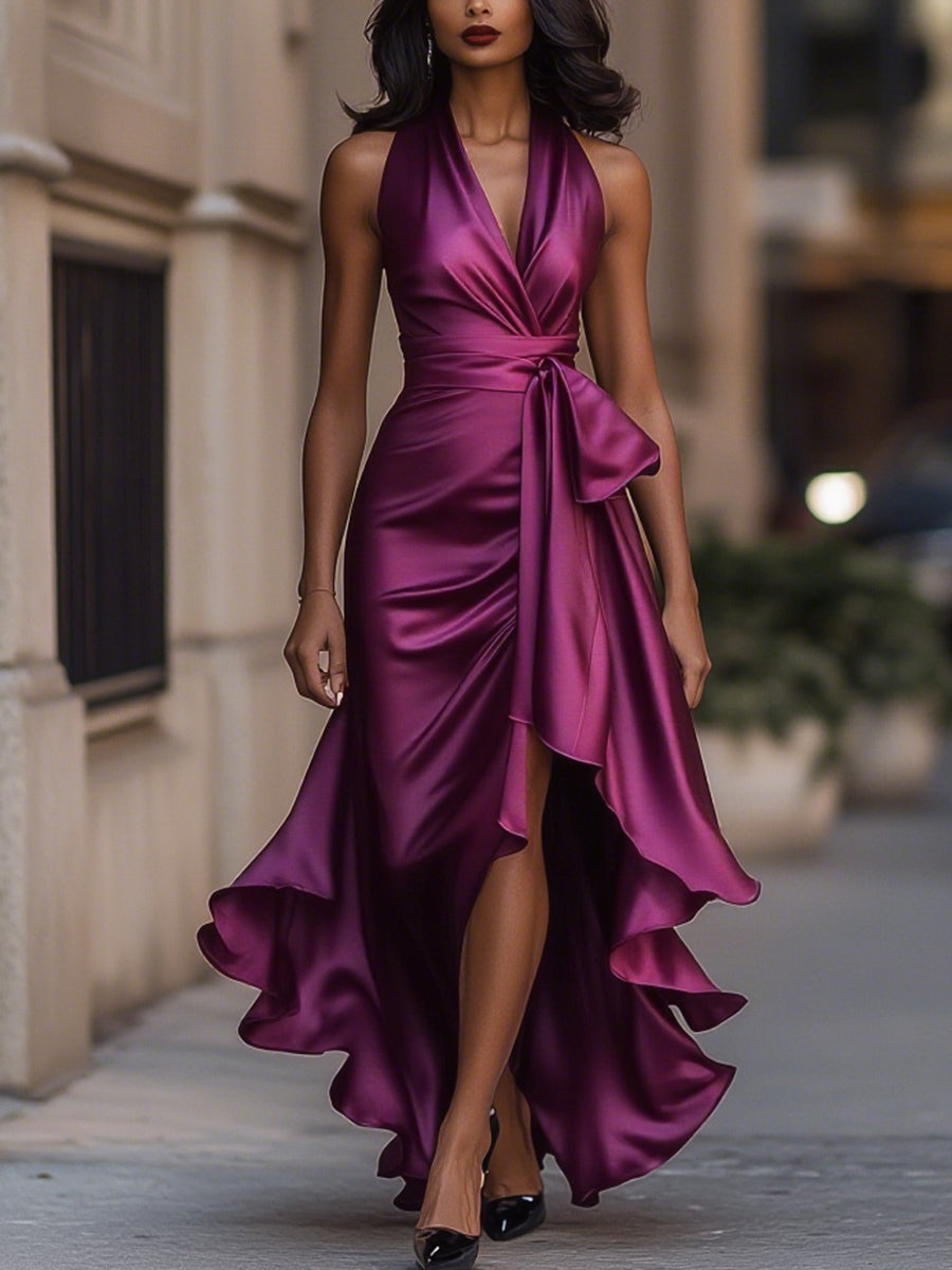 Women's V-Neck Satin Maxi Gown with Ruched Bodice