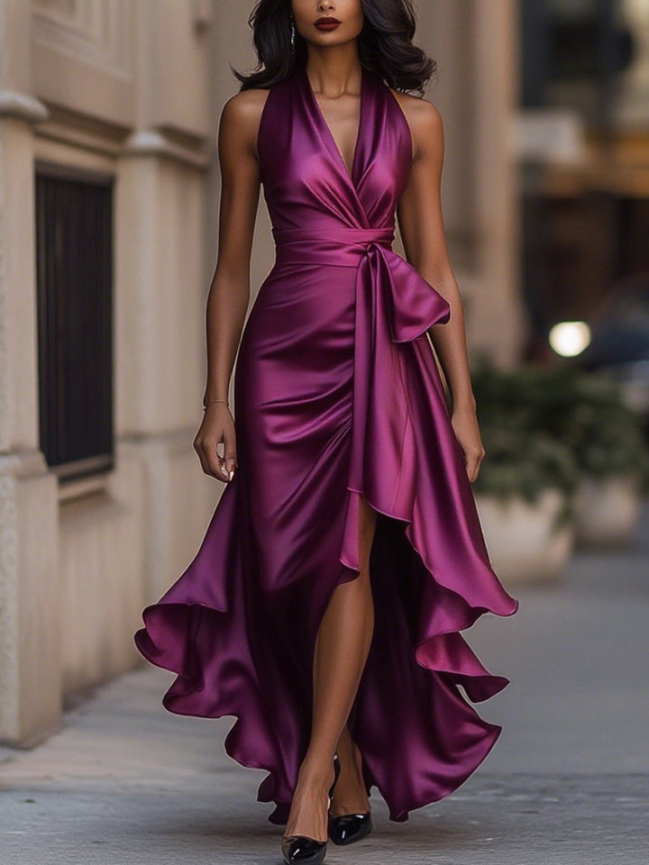 Women's V-Neck Satin Maxi Gown with Ruched Bodice