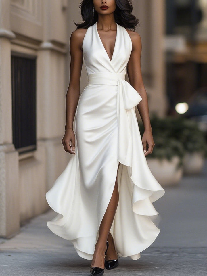 Ruched Satin Maxi Dress with Halter Neckline