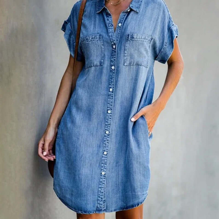 Denim Midi Dress with Short Sleeves and Button Front