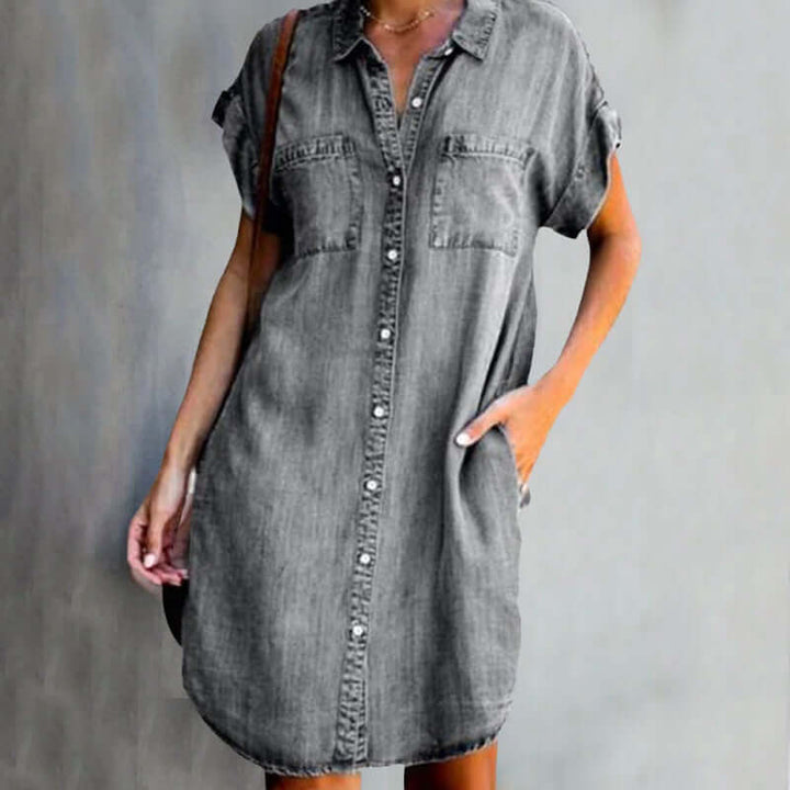 Denim Midi Dress with Short Sleeves and Button Front