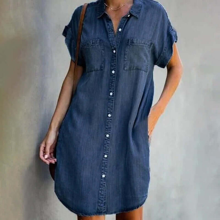 Denim Midi Dress with Short Sleeves and Button Front