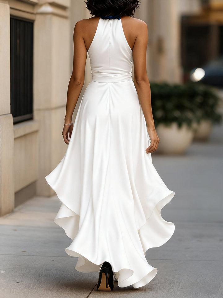 Ruched Satin Maxi Dress with Halter Neckline