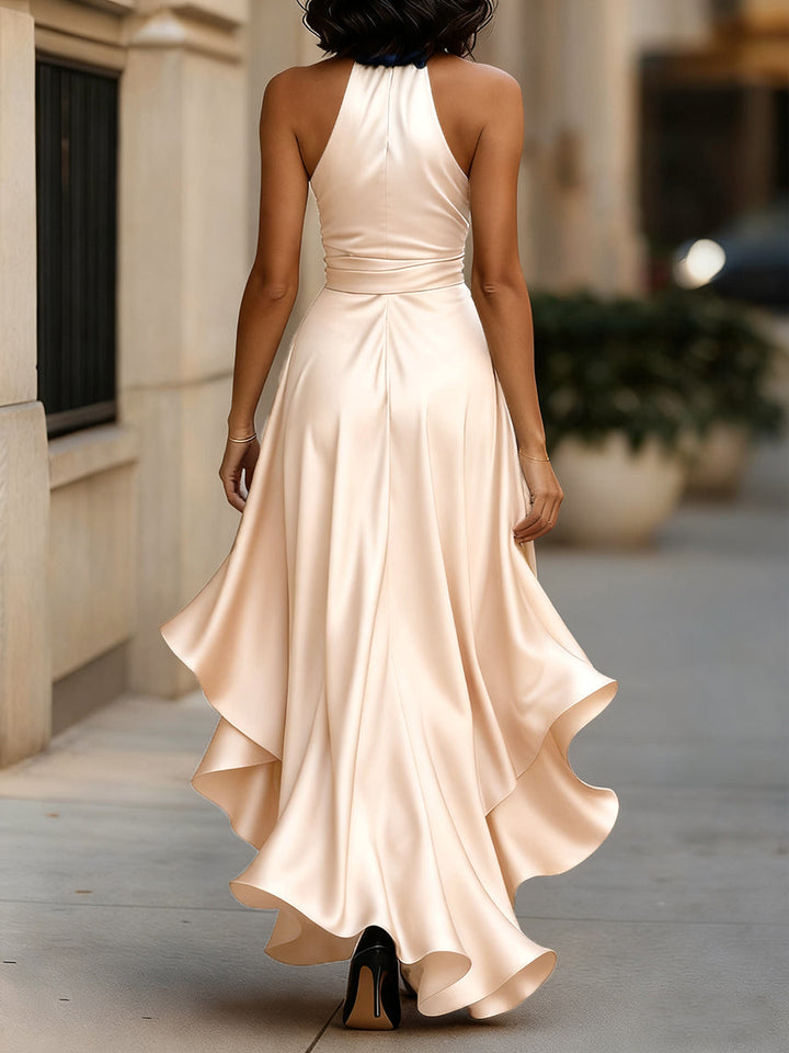 Women's V-Neck Satin Maxi Gown with Ruched Bodice