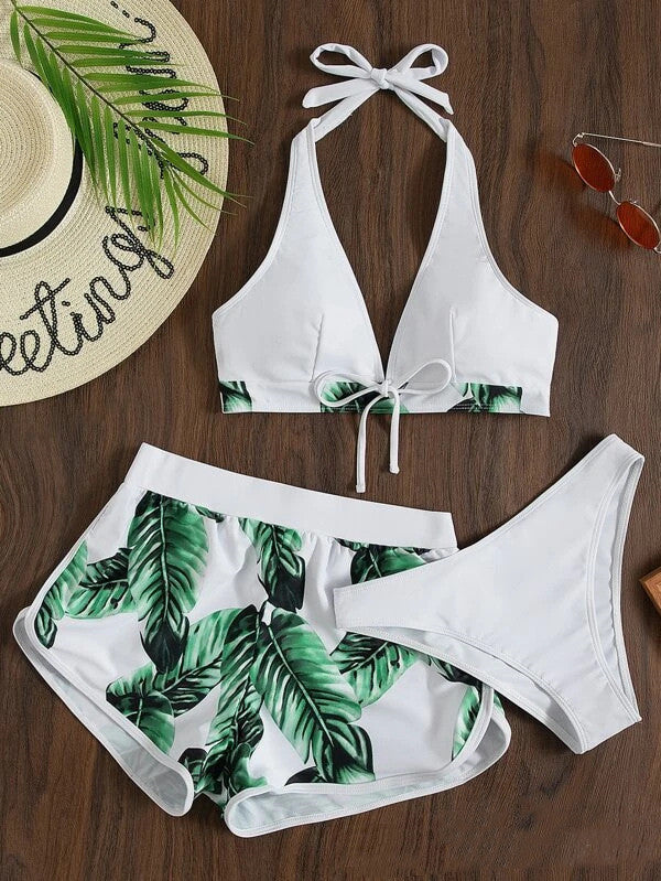 Three-Piece Halter Bikini with Fitted Shorts
