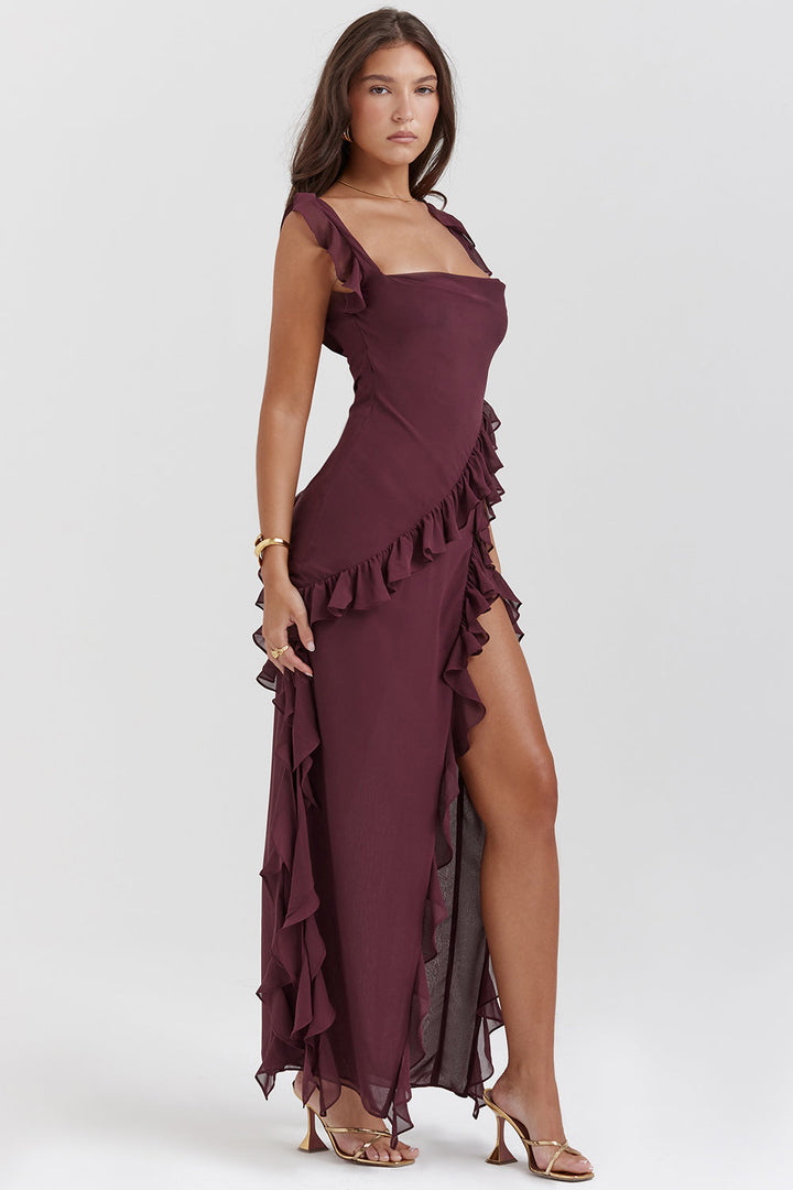 Elegant Ruffle Dress with a Bold Side Slit