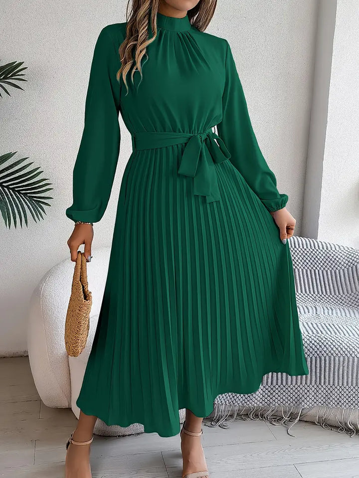 Women's Long-Sleeve Pleated Midi Dress with Matching Waist Belt
