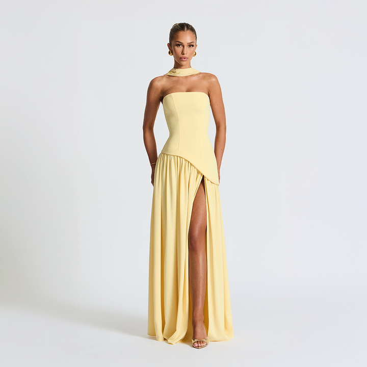 Strapless Dress with Asymmetric Hem and High Slit