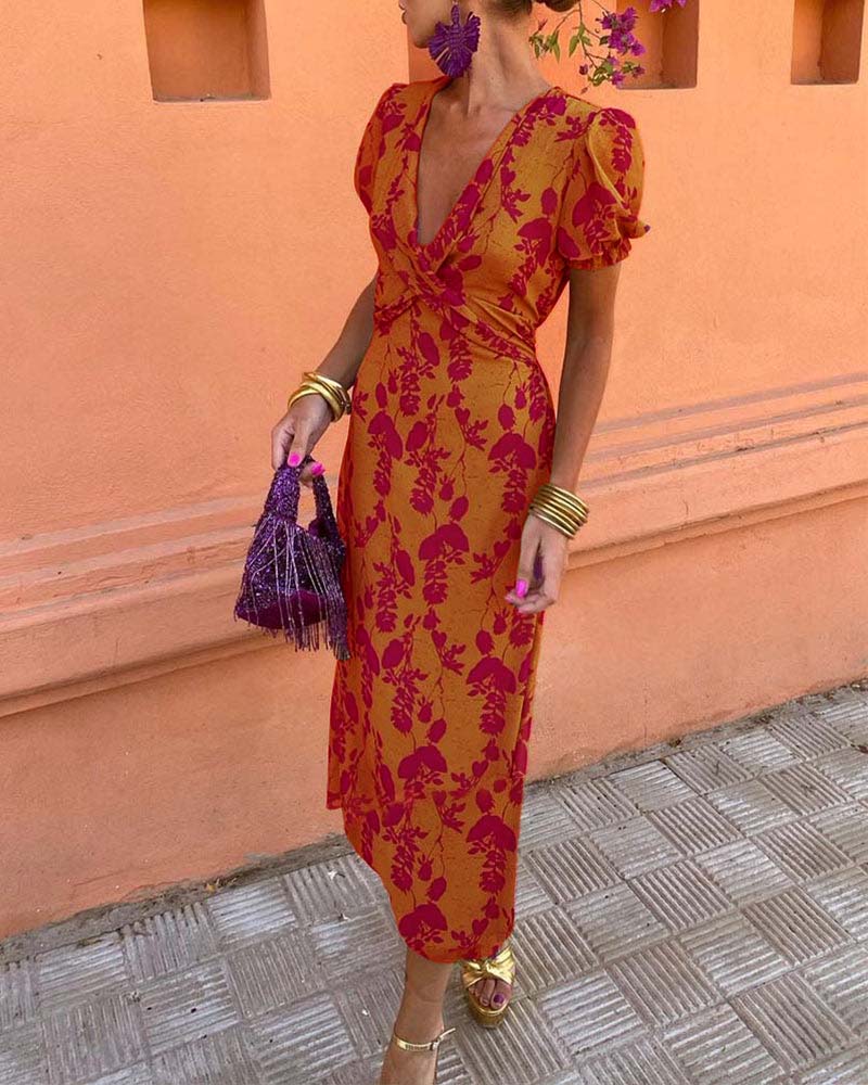 Floral Print Dress with V-Neckline