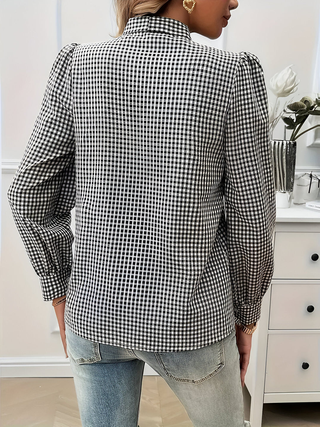 Women's Check Print Blouse with Tie Neck