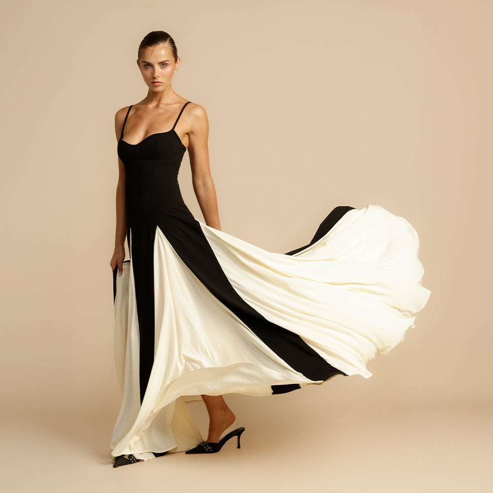 Contrast-Panel Evening Dress with Fine Spaghetti Straps