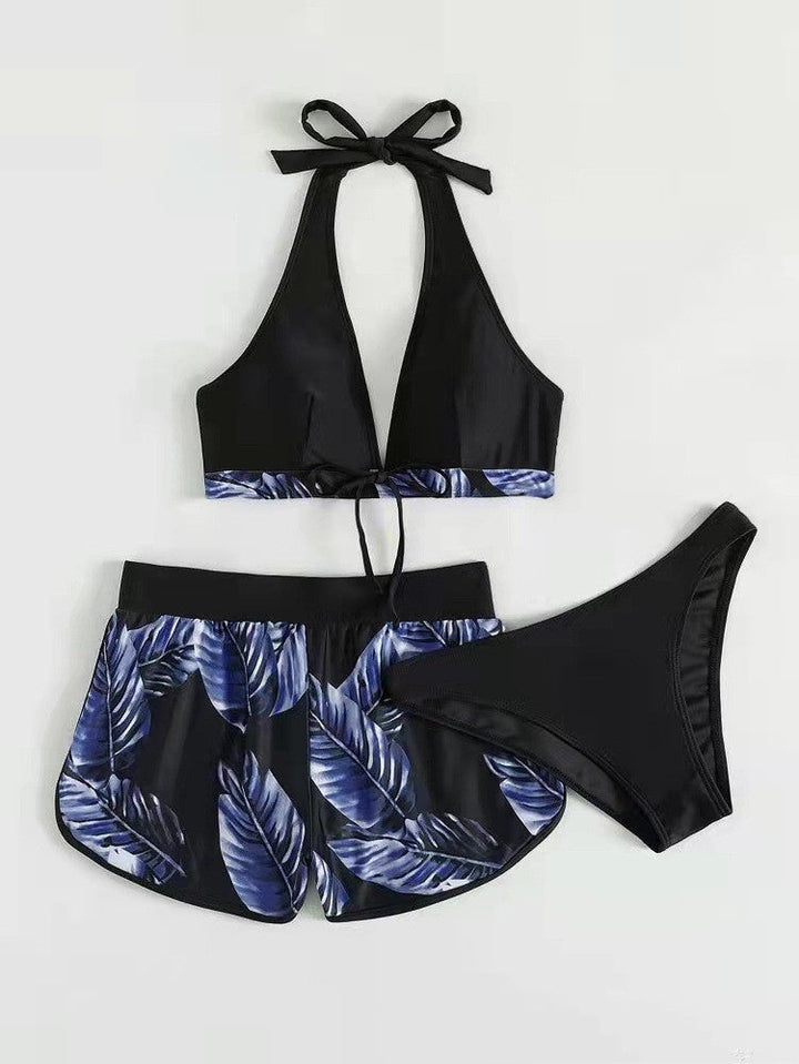 Women's Three-Piece Bikini Set with Halter Top and Shorts
