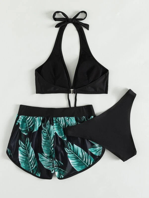 Women's Three-Piece Bikini Set with Halter Top and Shorts