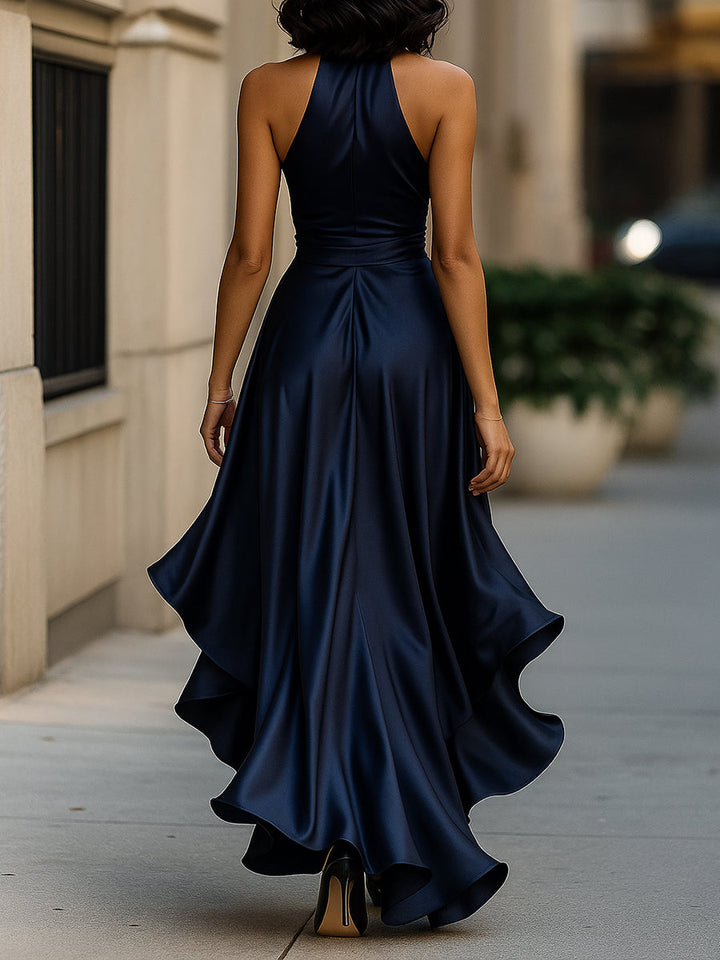 Women's V-Neck Satin Maxi Gown with Ruched Bodice