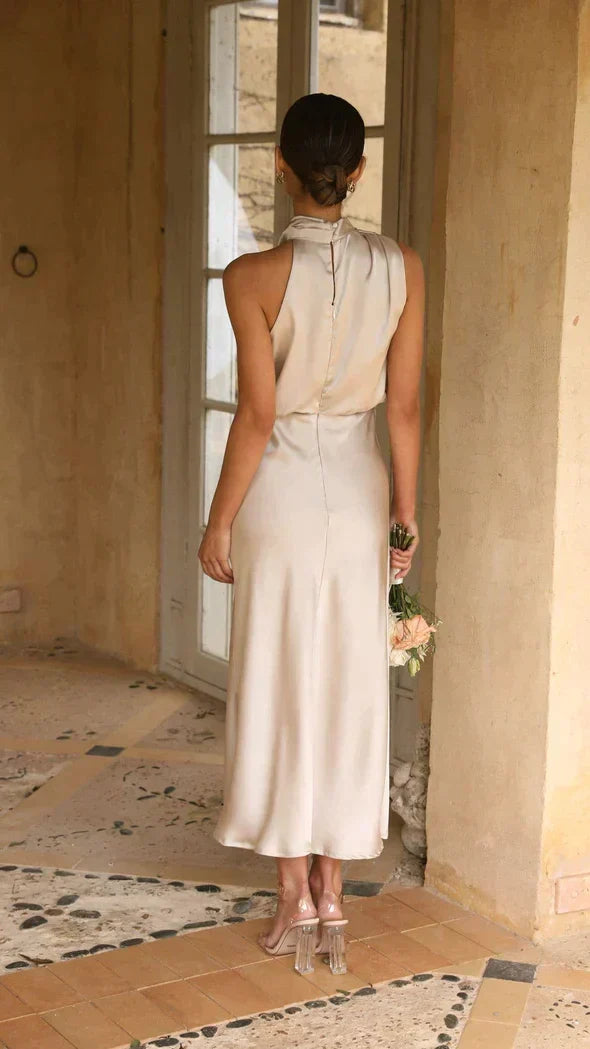 Women's Sleeveless Open-Shoulder Satin Maxi Dress