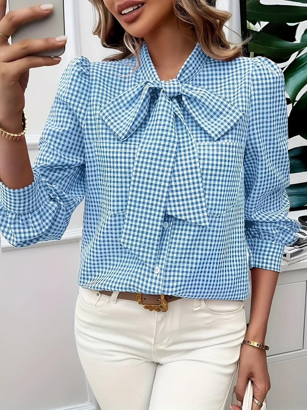 Women's Check Print Blouse with Tie Neck