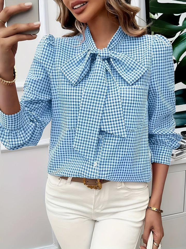 Women's Check Print Blouse with Tie Neck