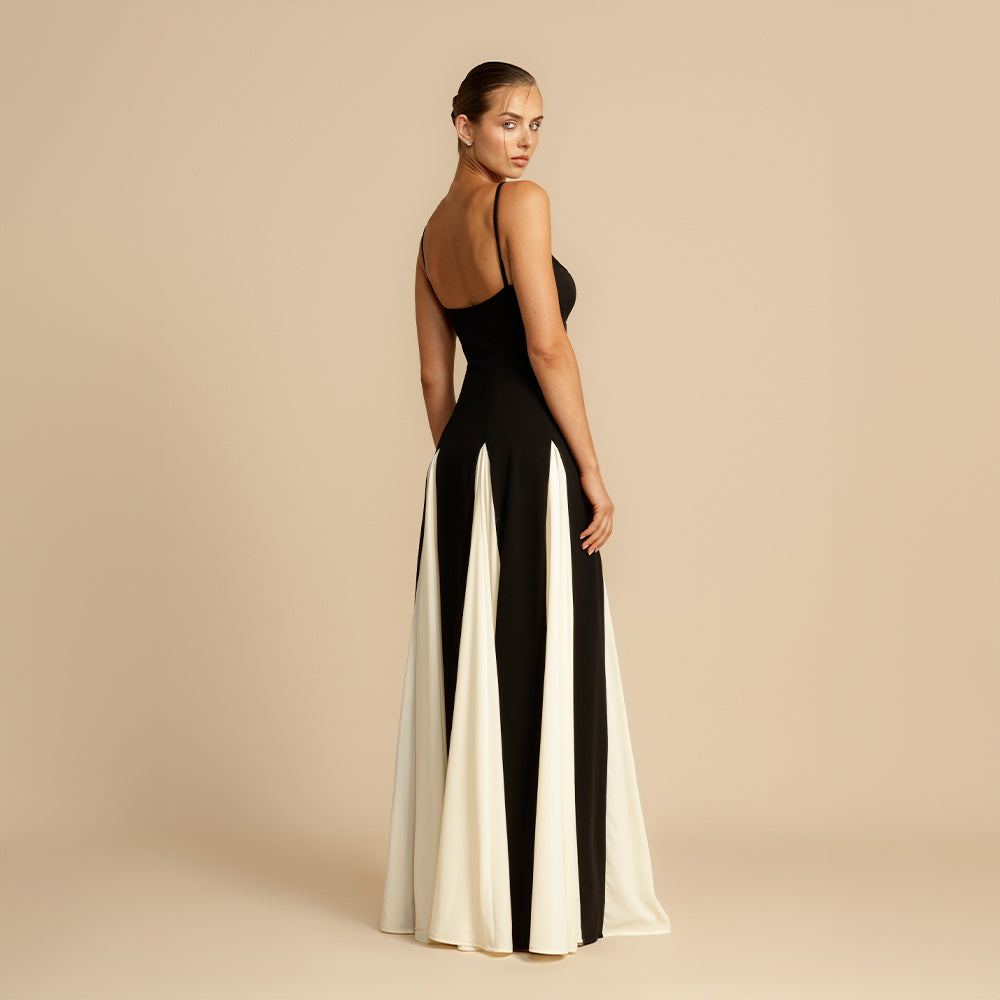 Contrast-Panel Evening Dress with Fine Spaghetti Straps