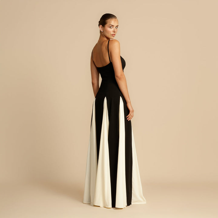 Contrast-Panel Evening Dress with Fine Spaghetti Straps