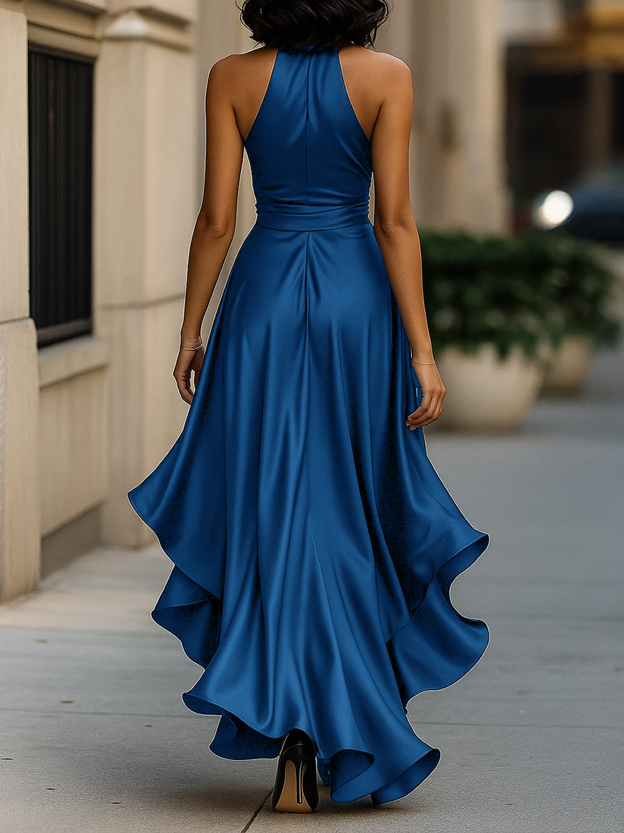 Women's V-Neck Satin Maxi Gown with Ruched Bodice