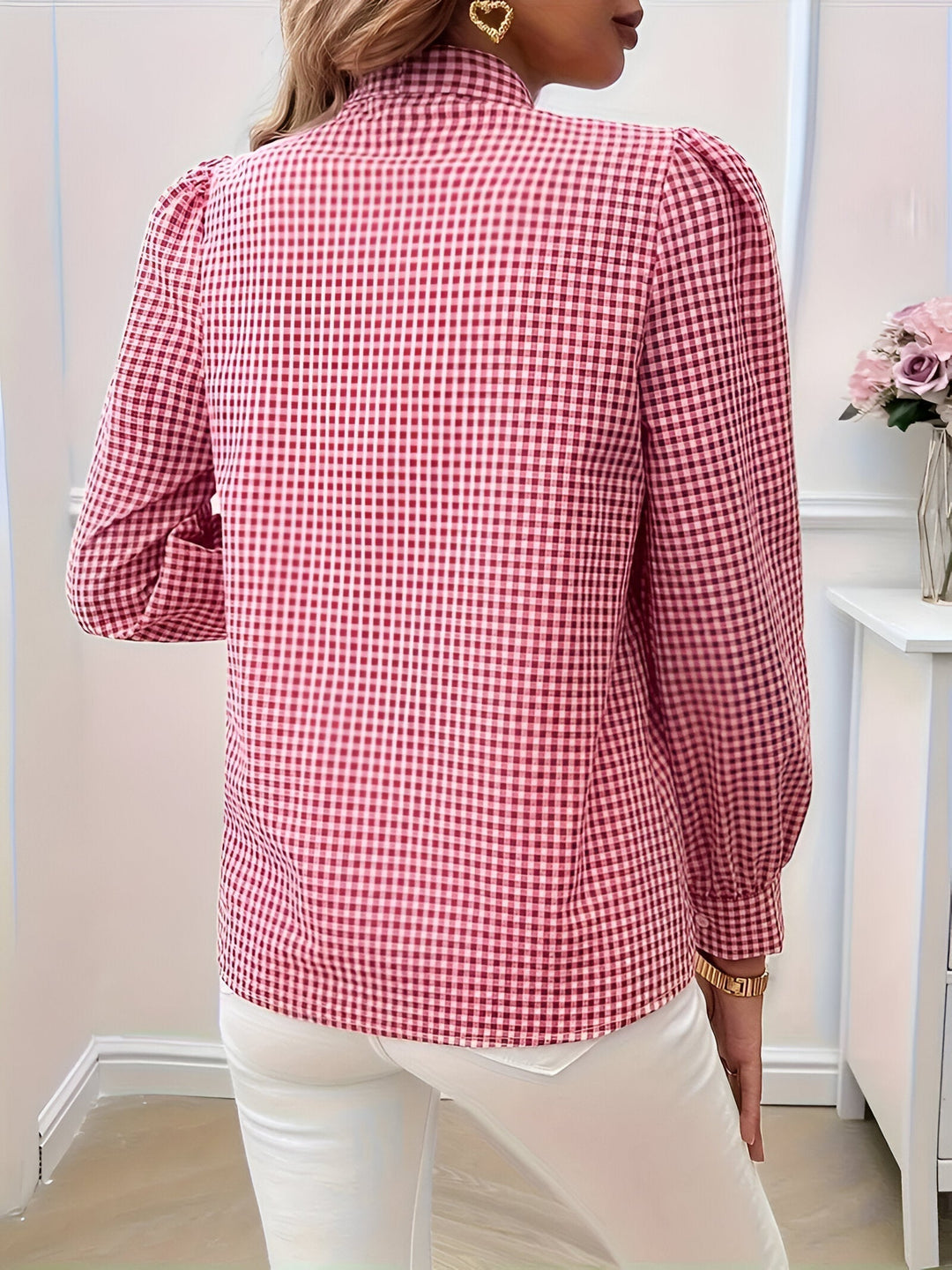 Women's Check Print Blouse with Tie Neck