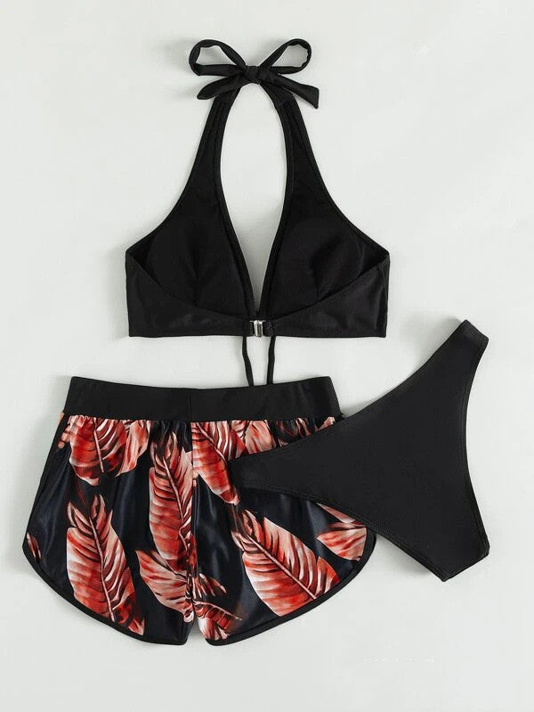 Women's Three-Piece Bikini Set with Halter Top and Shorts