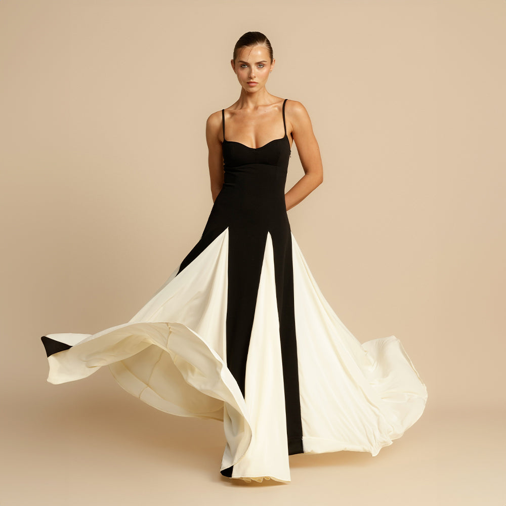 Contrast-Panel Evening Dress with Fine Spaghetti Straps