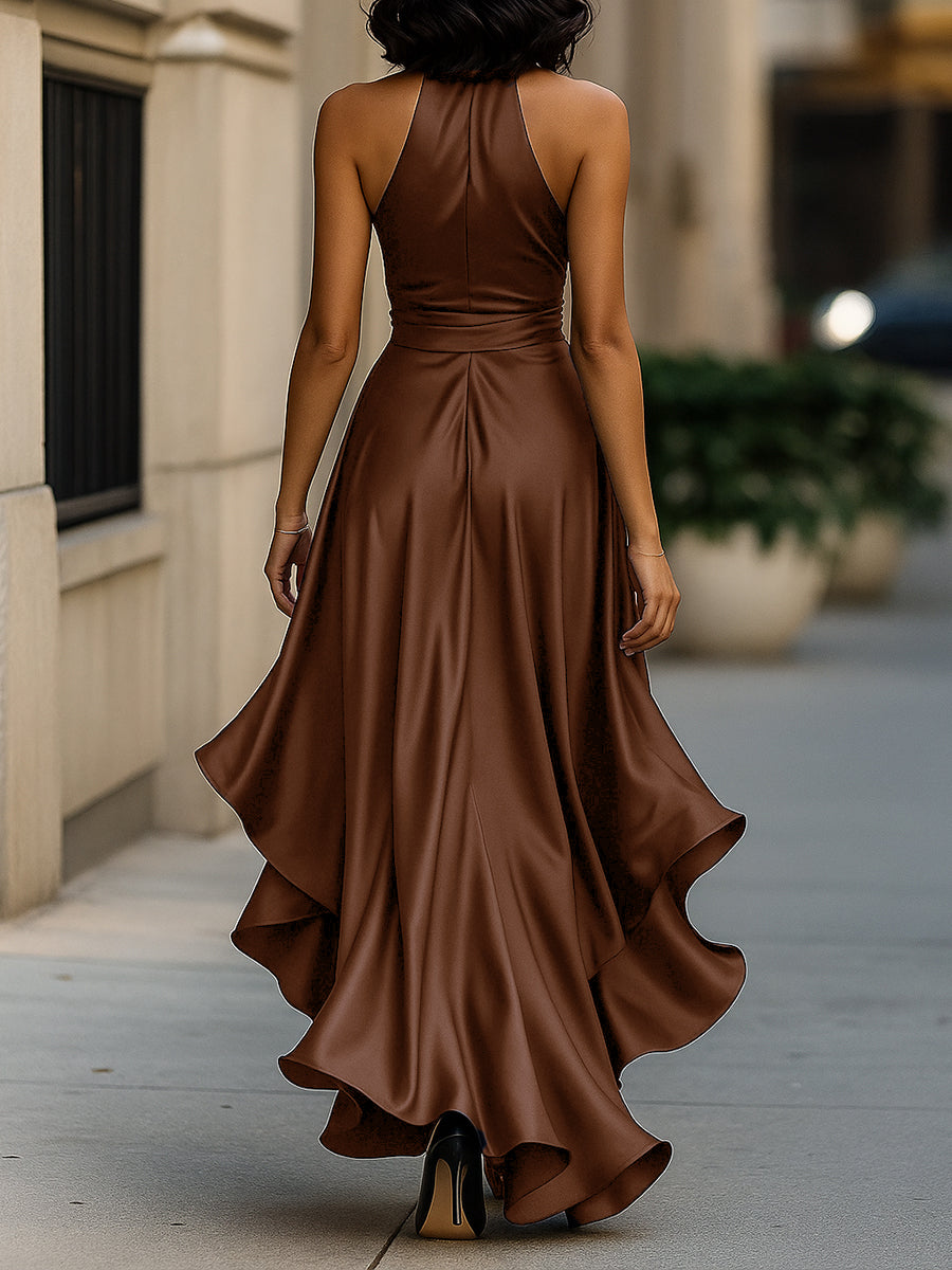 Women's V-Neck Satin Maxi Gown with Ruched Bodice