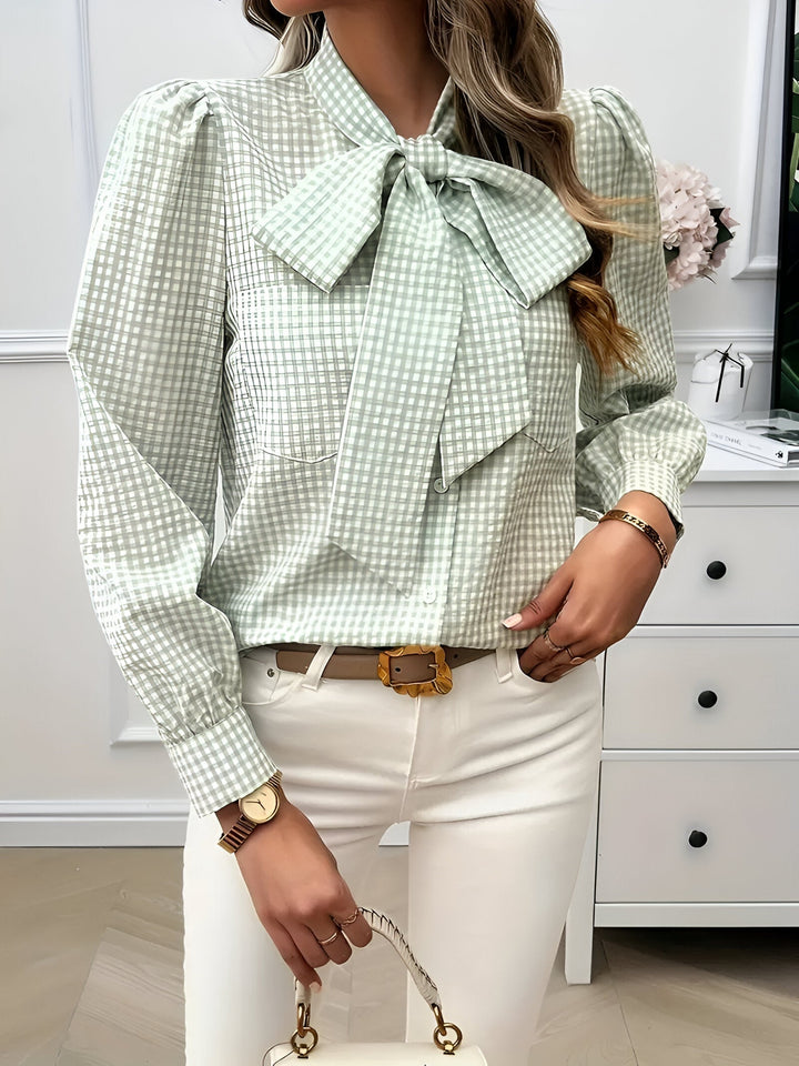 Women's Check Print Blouse with Tie Neck