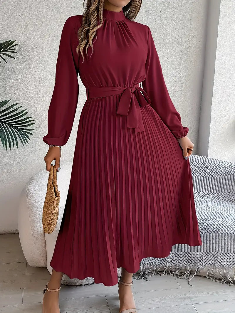 Women's Long-Sleeve Pleated Midi Dress with Matching Waist Belt