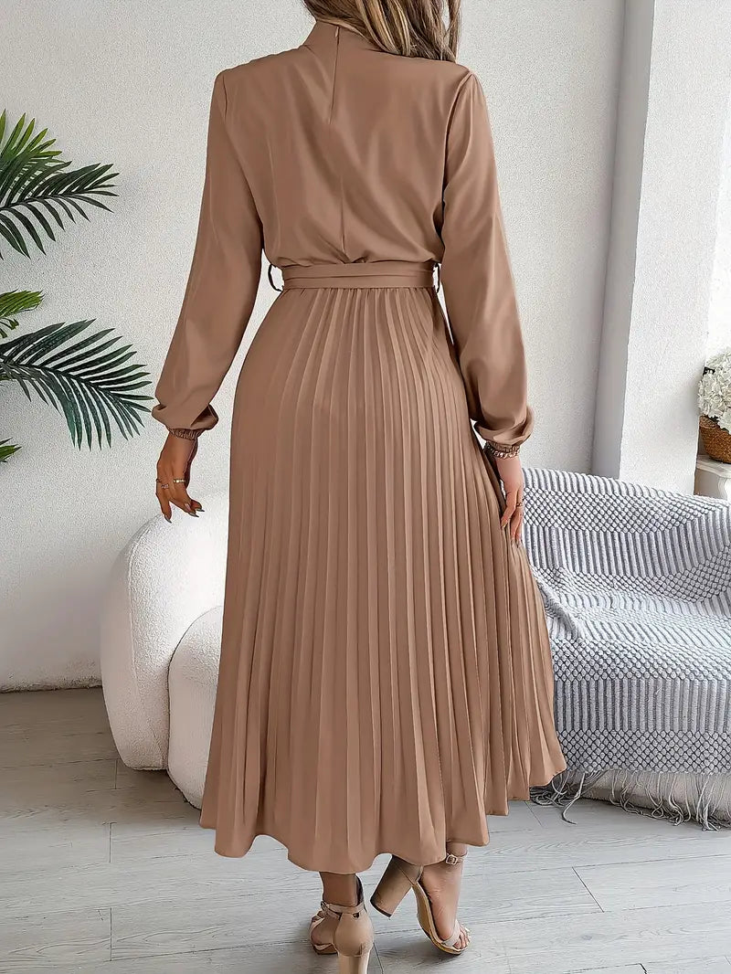 Women's Long-Sleeve Pleated Midi Dress with Matching Waist Belt