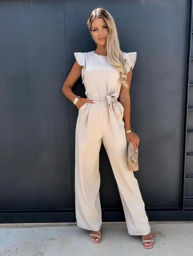 Women's V-Neck Jumpsuit with Wide-Leg Trousers