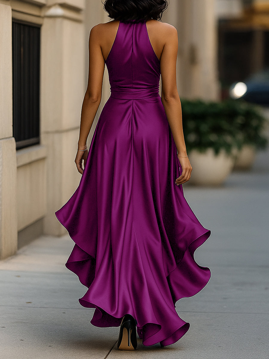 Women's V-Neck Satin Maxi Gown with Ruched Bodice