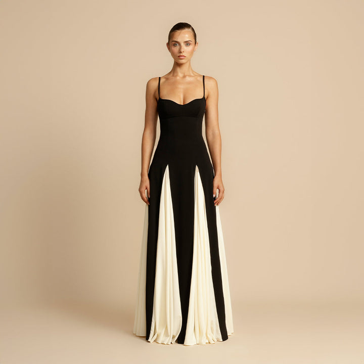 Contrast-Panel Evening Dress with Fine Spaghetti Straps