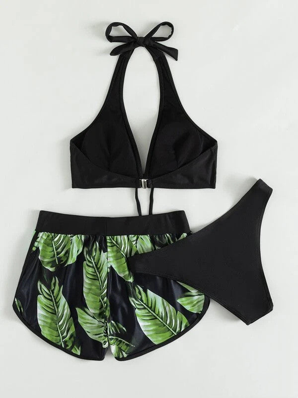 Women's Three-Piece Bikini Set with Halter Top and Shorts
