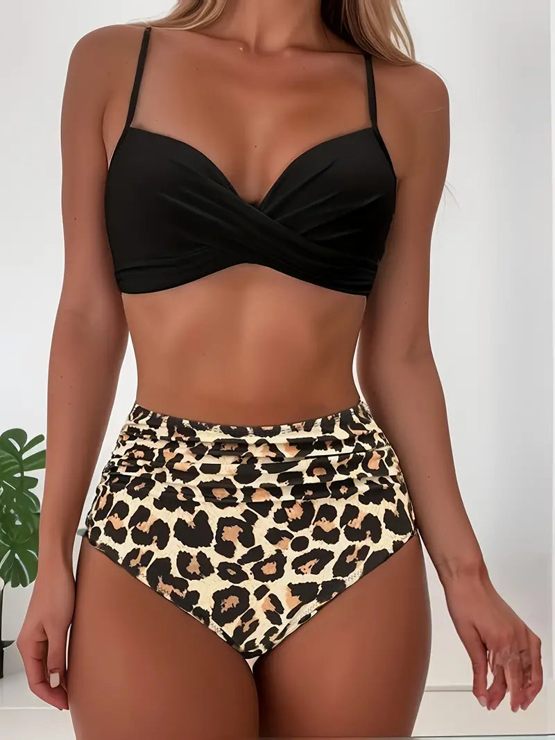 Women's High-Waisted Tropical Bikini Set with V-Neck Top