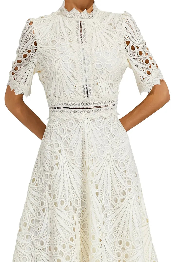 A-Line Lace Midi Dress with a High Neckline