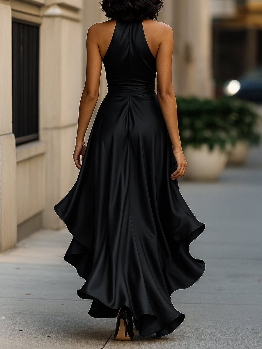 Ruched Satin Maxi Dress with Halter Neckline