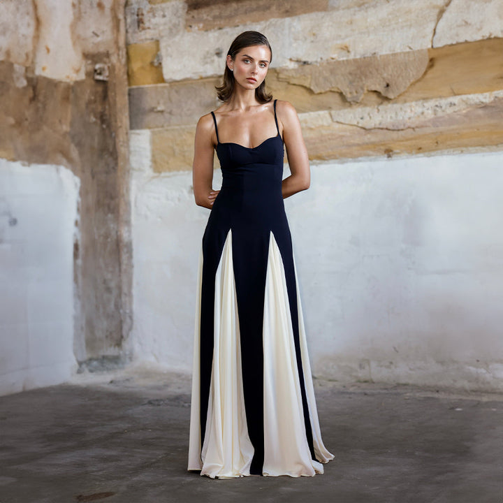 Contrast-Panel Evening Dress with Fine Spaghetti Straps