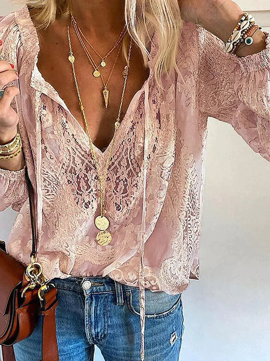 Women's Crochet Lace Blouse with Long Sleeves