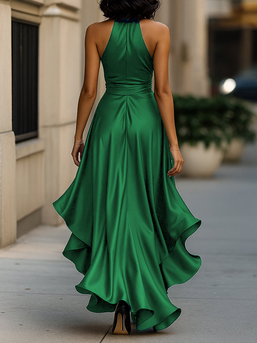 Ruched Satin Maxi Dress with Halter Neckline