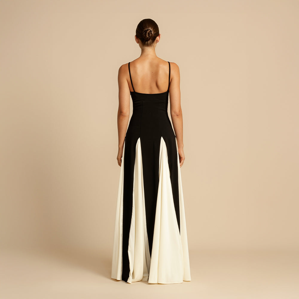 Contrast-Panel Evening Dress with Fine Spaghetti Straps