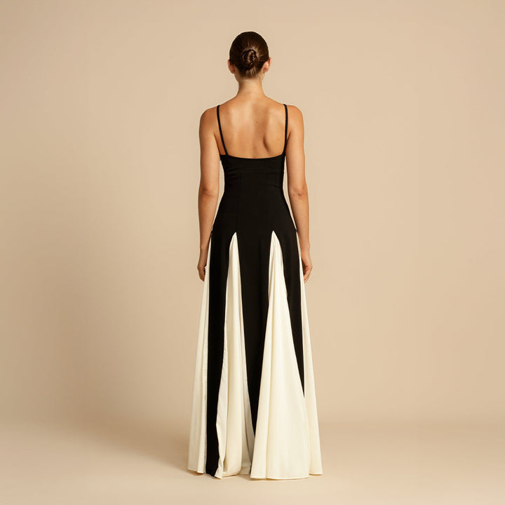 Contrast-Panel Evening Dress with Fine Spaghetti Straps