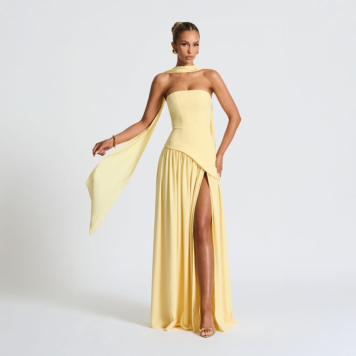 Strapless Dress with Asymmetric Hem and High Slit
